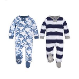 Burt's Bees 3-6mo Bundle of “Baby Blue Clouds” + White Striped FullZip Footies
